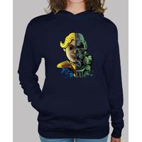 face off - hooded woman