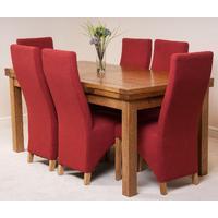 Farmhouse Rustic Solid Oak 200cm Dining Table & 6 Red Lola Fabric Chairs