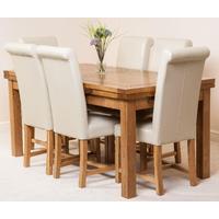 Farmhouse Rustic Solid Oak 200cm Dining Table & 6 Ivory Washington Leather Chairs