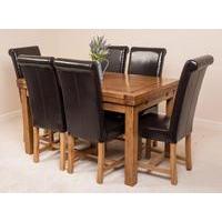 Farmhouse Rustic Solid Oak 160cm Dining Table & 6 Brown Washington Leather Chairs