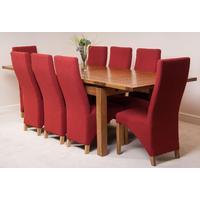 farmhouse rustic solid oak 200cm dining table 8 red lola fabric chairs