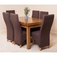 Farmhouse Rustic Solid Oak 160cm Dining Table & 6 Brown Lola Fabric Chairs