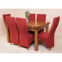 Farmhouse Rustic Solid Oak 160cm Dining Table & Red Lola Fabric Chairs