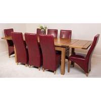 Farmhouse Rustic Solid Oak 200cm Dining Table & 8 Burgundy Lola Leather Chairs