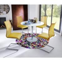 Falko Round Glass Dining Table With 4 Kim Dining Chairs In Curry