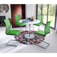 Falko Round Glass Dining Table With 4 Kim Dining Chairs In Green