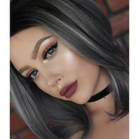 fashion womens synthetic lace front wig straight hair black gery distr ...