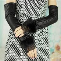 Fashion Women Fingerless Gloves Lace Buckle Belts Rabbit Fur Mittens Evening Party Gloves