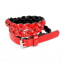 Fashion Women Lady Braided Belt Candy Color Skinny Thin Weave Plaid Buckle Cross Belt PU Leather Red