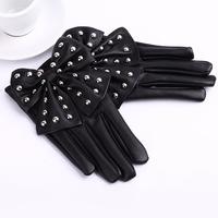 Fashion Elegant Women Gloves Soft PU Leather Bow Rivets Short Gloves Black