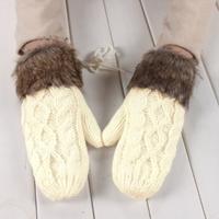 Fashion Winter Women Gloves Mitten Thick Warm Knitted Faux Fur Christmas Cute Beige