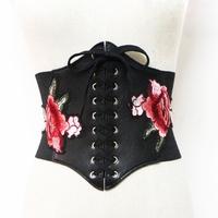 Fashion Women Leather Wide Waist Waistband Belt Vintage Self Tie Floral Embroidery Waist Strap Black