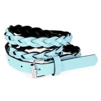 Fashion Women Lady Braided Belt Candy Color Skinny Thin Weave Plaid Buckle Cross Belt PU Leather Sky Blue