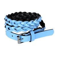 Fashion Women Lady Braided Belt Candy Color Skinny Thin Weave Plaid Buckle Cross Belt PU Leather Blue