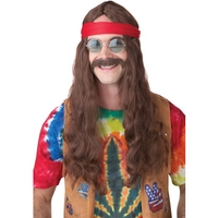 Fancy Dress - Hippie Man Wig & Moustache (Brown)