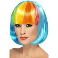 fancy dress blue bob wig with rainbow fringe