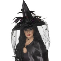 Fancy Dress - Black Spell Caster Hat with Veil