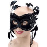 fancy dress black velvet mask with feathers