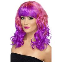fancy dress pink and purple curly wig
