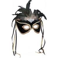 Fancy Dress - Black Venetian Mask with Feathers
