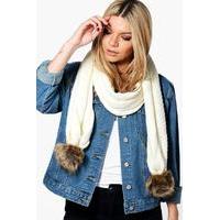 Faux Pom Trim Cable Knit Scarf - cream