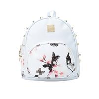 Fashion Women Backpack PU Leather Rivet Flower Print Zipper Adjustable Strap Handbag Casual School Travel Bag