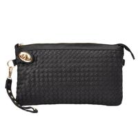 Fashion Women Clutch Bag PU Leather Woven Pattern Twist Lock Zipper Rivet Envelope Shoulder Bag Black/White