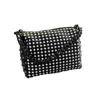 Fashion Women Shoulder Bag Candy Color PU Leather Weave Chain Rivet Crossbody Messenger Zipper Bag Black and White