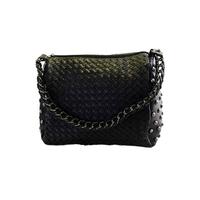 Fashion Women Shoulder Bag Candy Color PU Leather Weave Chain Rivet Crossbody Messenger Zipper Bag Black