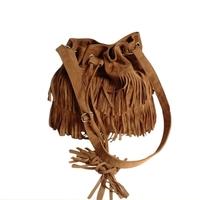 Fashion Women Vintage Shoulder Bag Fringe Tassel Drawstring Bucket Bag Messenger Handbag Brown