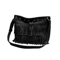 Fashion Women Vintage Shoulder Bag Fringe Tassel Drawstring Bucket Bag Messenger Handbag Black