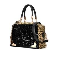 Fashion Casual Women Handbag PU Leather Leopard Print Paillette Sequin Shoulder Messenger Bag