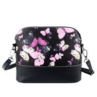 Fashion Women Shoulder Bag Butterfly Floral Print PU Leather Zipper Closure Crossbody Messenger Handbag Black