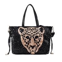 Fashion Women Handbag PU Leather Leopard Head Glitter Paillette Sequin Shoulder Messenger Bag Tote Black