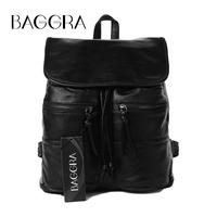 Fashion Women Drawstring Backpack Soft Washing PU Leather Front Flap Zipped Pocket School Rucksack Travel Bag Black