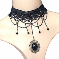 Fashion Vintage Sexy Black Lace Necklace Oval Gem Water Drop Tassel Pendant Necklace Women Jewelry Wholesale
