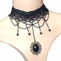 fashion vintage sexy black lace necklace oval gem water drop tassel pe ...