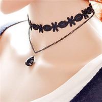 Fashion Retro Gothic Black Flower Lace Choker Necklace Gem Crystal Water Drop Pendant Necklace Women Jewelry