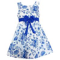 Fashion Blue Flower Print Dresses Party Pageant Casual Children Clothes