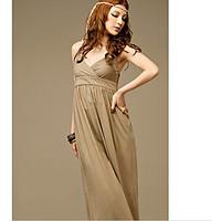 Fashion Hot Sale Pure Color Halter Deep V-neck Long Dress Khaki