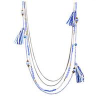Fashion Women Bohemia Multi Rows Chain Crystal Beads Fabric Tassel Handmade Necklace