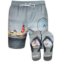fairground printed swim shorts in grey with free matching flip flops t ...