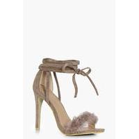 Faux Feather Wrap Strap Heels - mocha