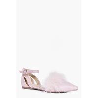 Faux Feather Trim Pointed Flats - blush