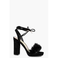 faux feather trim ankle wrap platform heel black