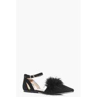 Faux Feather Trim Pointed Flats - black