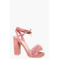 Faux Feather Trim Ankle Wrap Platform Heel - blush