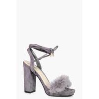 faux feather trim ankle wrap platform heel light grey