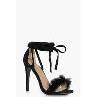 Faux Feather Wrap Strap Heels - black