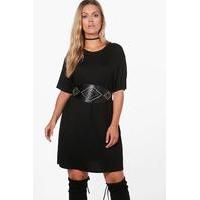 Faye Studded High Waist Belted T-shirt Dress - black